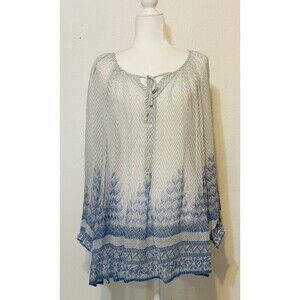 NWT Lucky Brand Size1X Long Sleeve Sheer Popover Blouse Tasseled Boho Abstract